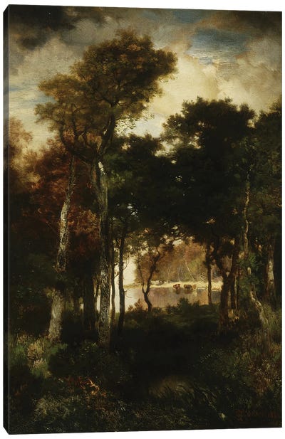 Woods by a River, 1886  Canvas Art Print - Thomas Moran