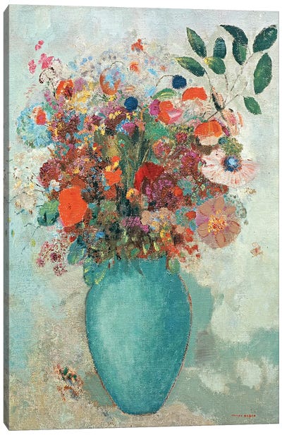 Flowers in a Turquoise Vase, c.1912  Canvas Art Print - Odilon Redon