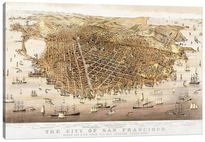The City of San Francisco, birds-eye view from the Bay looking south-west Canvas Art Print - San Francisco Maps