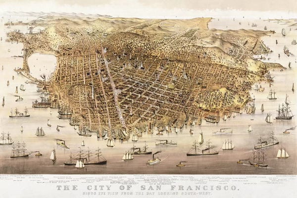 San Francisco Maps: The City of San Francisco, birds-eye view from the Bay looking south-west by Charles Parsons