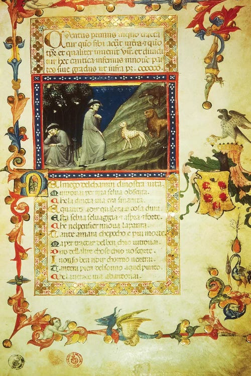 First page of first Canto of Inferno, miniature from Divine Comedy, by Dante Alighieri 