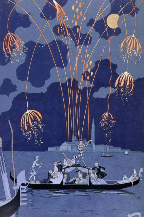 Fireworks in Venice, illustration for 'Fetes Galantes' by Paul Verlaine (1844-96) 1924 (pochoir print)