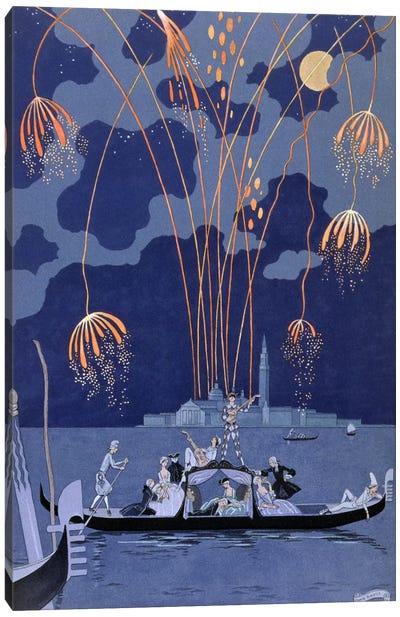 Fireworks in Venice, illustration for 'Fetes Galantes' by Paul Verlaine (1844-96) 1924 (pochoir print) Canvas Art Print - Fireworks