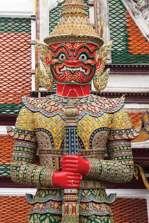 Thailand, Bangkok,. Giant demon Suryapop guards the Emerald Buddha Temple.