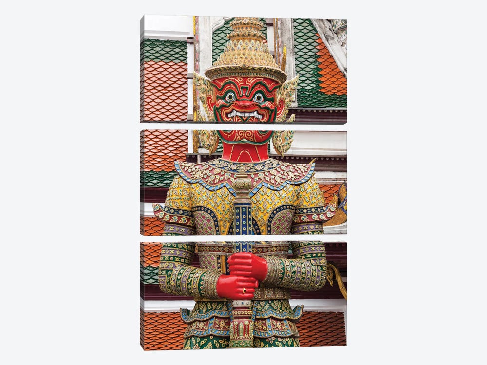 Thailand, Bangkok,. Giant demon Suryapop guards the Emerald Buddha Temple. by Brenda Tharp 3-piece Art Print