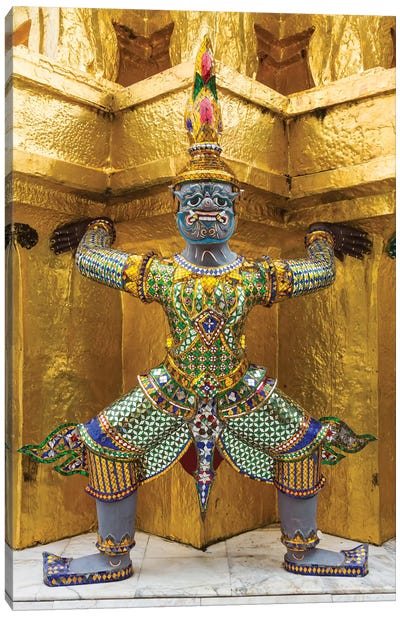 Thailand, Bangkok. Yaksha, demons, guard one of the golden chedi at Wat Phra Kaew. Canvas Art Print - Southeast Asian Culture