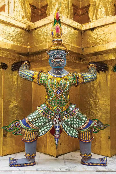 Thailand: Thailand, Bangkok. Yaksha, demons, guard one of the golden chedi at Wat Phra Kaew. by Brenda Tharp
