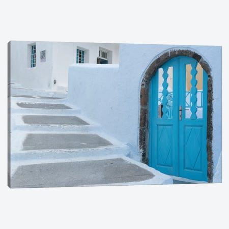Greece, Santorini. Blue door livens up a quiet alley of white-washed homes in Pyrgos. Canvas Print #BND22} by Brenda Tharp Canvas Artwork