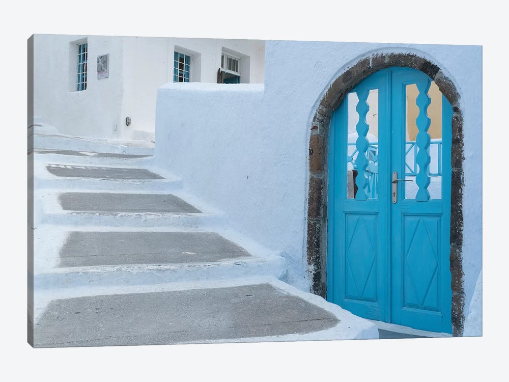 Greece, Santorini. Blue door livens up a quiet alley of white-washed homes in Pyrgos. by Brenda Tharp 1-piece Canvas Artwork