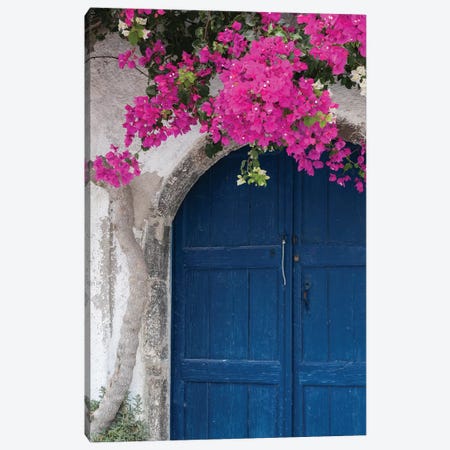 Greece, Santorini. Weathered blue door is framed by bright pink Bougainvillea blossoms. Canvas Print #BND23} by Brenda Tharp Canvas Artwork