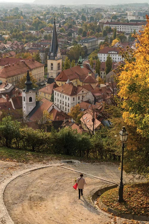 Slovenia, Ljubljana. Late afternoon light falling on the heart of the old town