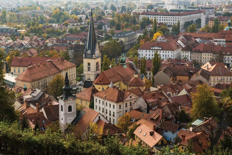 Slovenia, Ljubljana. Late afternoon light falling on the heart of the old town