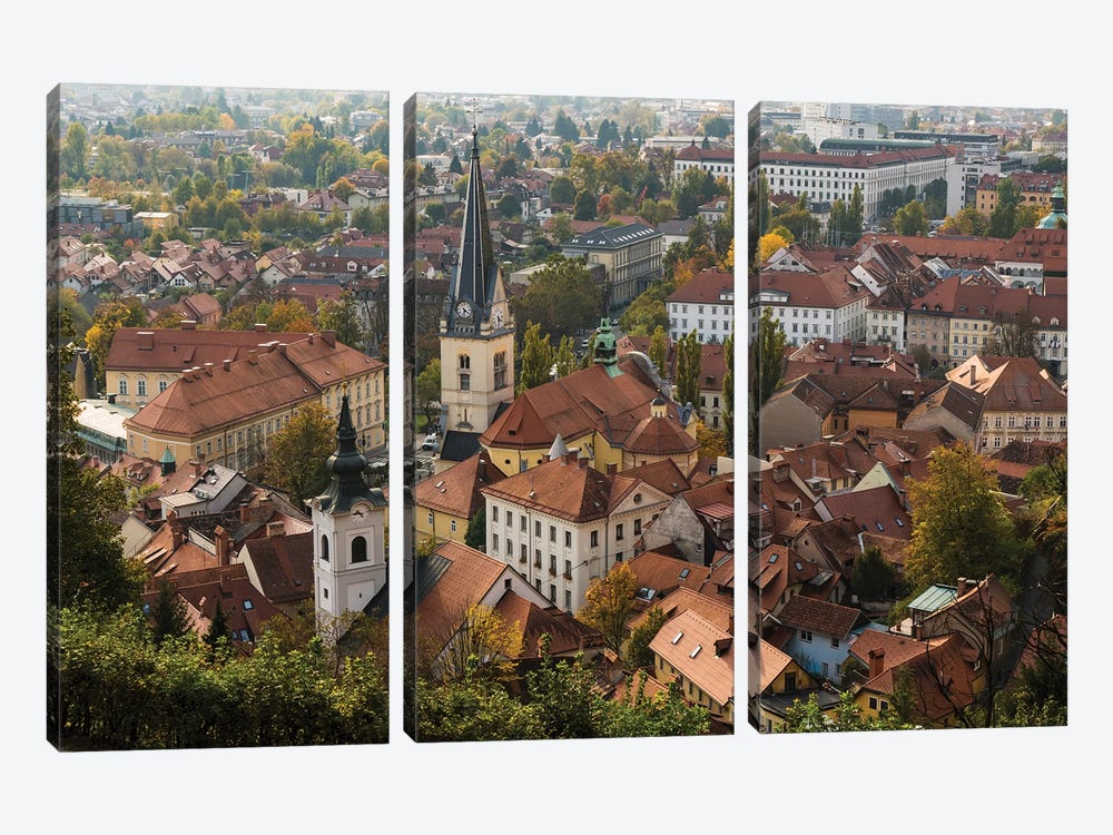 Slovenia, Ljubljana. Late afternoon light falling on the heart of the old town by Brenda Tharp 3-piece Canvas Print