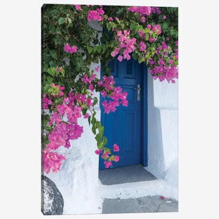Greece, Santorini. A Picturesque Blue Door Is Surrounded By Pink Bougainvillea In Firostefani. Canvas Print #BND28} by Brenda Tharp Canvas Artwork