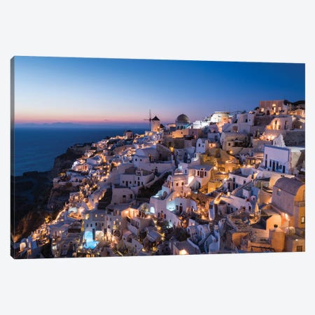 Greece, Santorini. The Village Of Oia Glows In The Post-Sunset Light As The Town'S Lights Add Magic To This Iconic Scene. Canvas Print #BND29} by Brenda Tharp Canvas Art