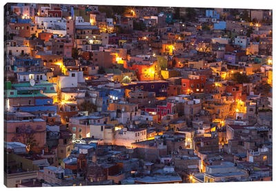 Mexico, Guanajuato. Street lights add ambience to this twilight village scene. Canvas Art Print - Mexico Art