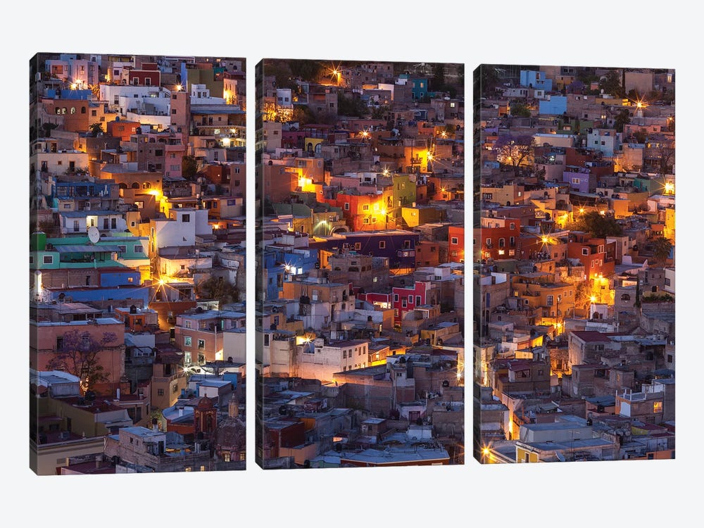 Mexico, Guanajuato. Street lights add ambience to this twilight village scene. by Brenda Tharp 3-piece Canvas Art Print