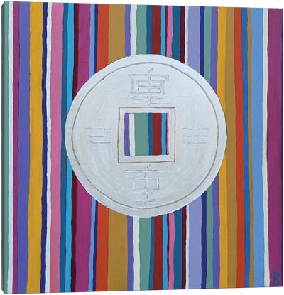 Chinese Coin On Striped Silk Canvas Art Print - Chinese Décor