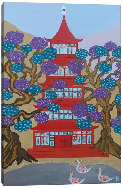 Red Pagoda By The Lake Canvas Art Print - Berit Bredahl Nielsen
