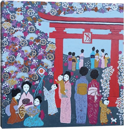 A Happy Gathering By The Torii Gate Canvas Art Print - Berit Bredahl Nielsen