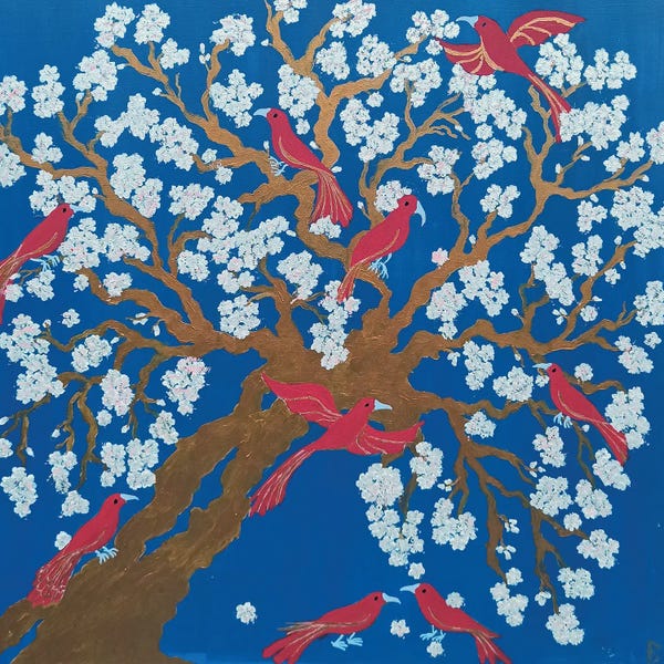 Blossoms: Plum Blossoms And White Birds by Berit Bredahl Nielsen