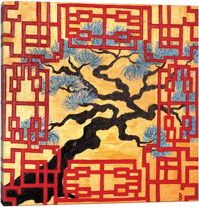 Gnarled Tree And Red Lattice Screen Canvas Art Print - Zen Garden