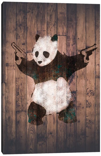 Panda with Guns on Warm Wood Bricks Canvas Art Print - Rustic Décor