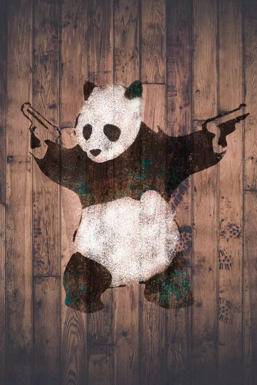 Panda with Guns on Warm Wood Bricks