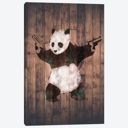 Panda with Guns on Warm Wood Bricks Canvas Print #BNK101} by Unknown Artist Canvas Art Print