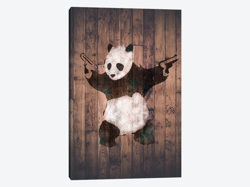 Panda with Guns on Warm Wood Bricks by Unknown Artist 1-piece Art Print