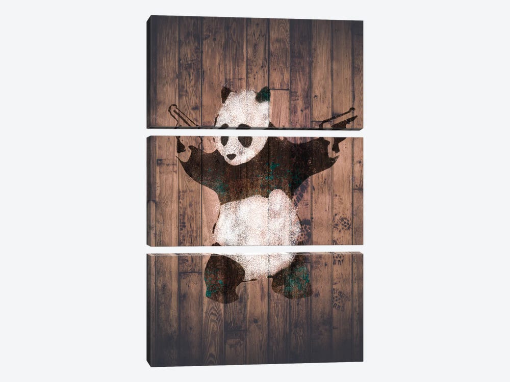 Panda with Guns on Warm Wood Bricks by Unknown Artist 3-piece Canvas Art Print