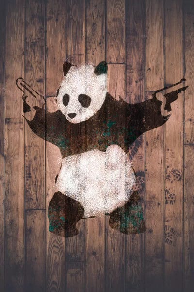 Hobbies & Lifestyles: Panda with Guns on Warm Wood Bricks by Unknown Artist