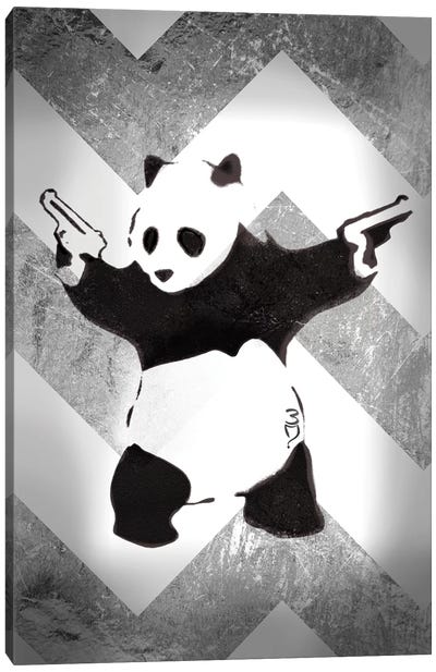 Panda With Guns On Silver Chevron Canvas Art Print - Black & White Art