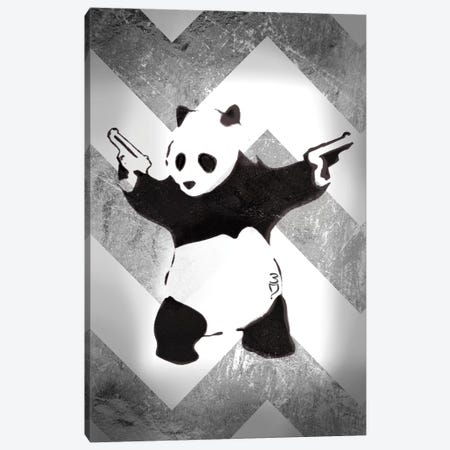 Panda With Guns On Silver Chevron Canvas Print #BNK195} by Unknown Artist Canvas Print