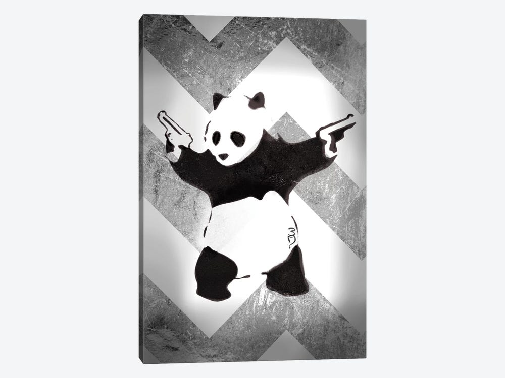 Panda With Guns On Silver Chevron by Unknown Artist 1-piece Canvas Wall Art