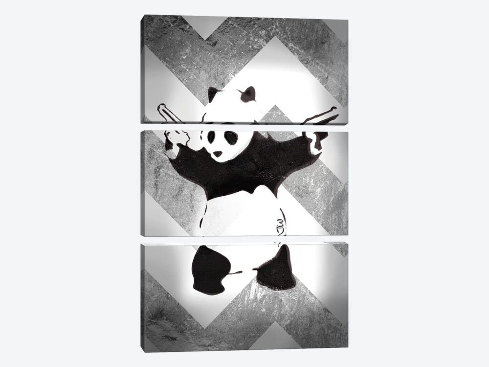 Panda With Guns On Silver Chevron by Unknown Artist 3-piece Canvas Wall Art
