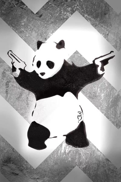 Chevron: Panda With Guns On Silver Chevron by Unknown Artist
