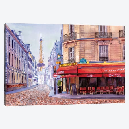 Paris Café w/Eiffel Canvas Print #BNR17} by Bannarot Canvas Wall Art