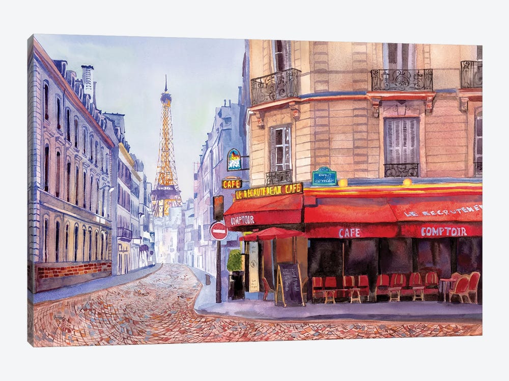 Paris Café w/Eiffel by Bannarot 1-piece Canvas Print