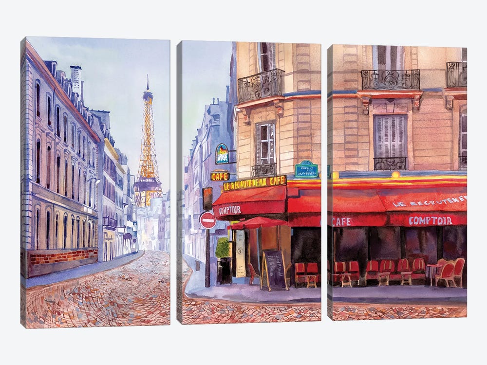 Paris Café w/Eiffel by Bannarot 3-piece Canvas Art Print