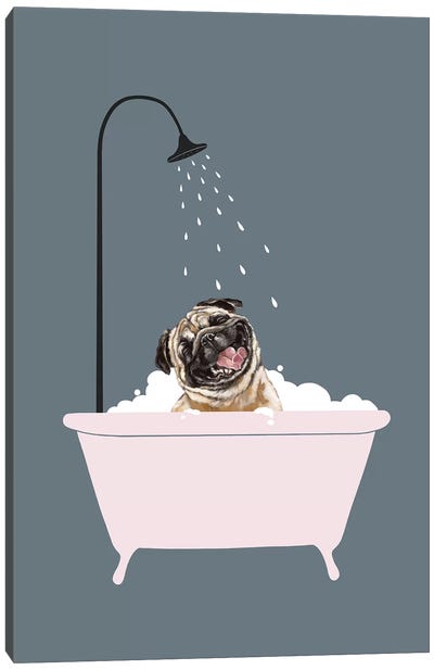 Laughing Pug Enjoying Bubble Bath Canvas Art Print - Pug Art