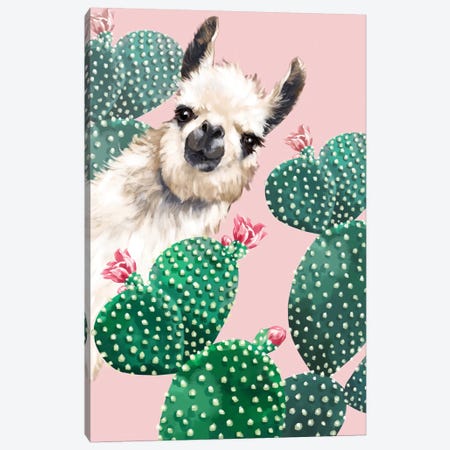 Llama And Cactus Canvas Print #BNW101} by Big Nose Work Canvas Wall Art