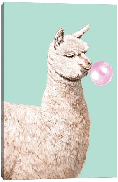 Playful Alpaca Chewing Bibble Gum In Green Canvas Art Print - Candy Art