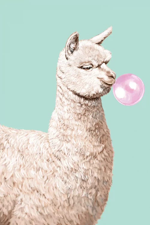 Playful Alpaca Chewing Bibble Gum In Green by Big Nose Work wall art