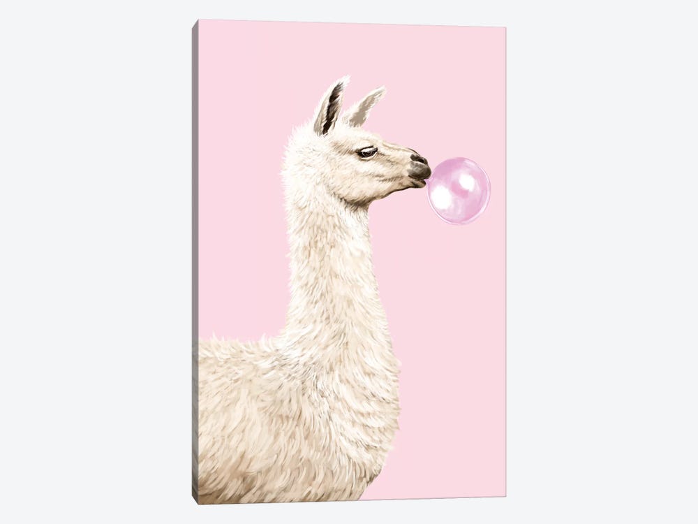 Playful Llama Chewing Bubble Gum In Pink by Big Nose Work 1-piece Canvas Artwork
