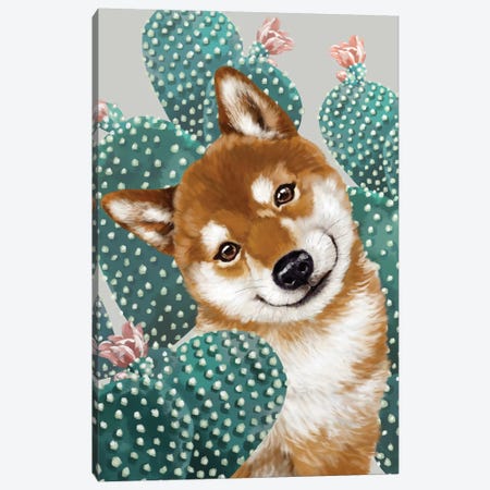 Shiba Inu With Cactus Canvas Print #BNW110} by Big Nose Work Canvas Print
