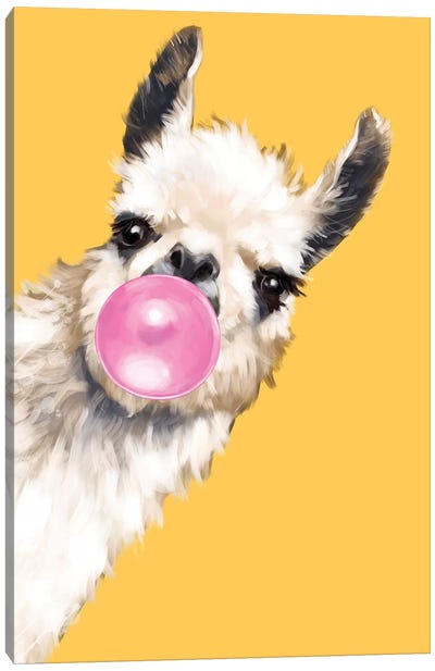 Sneaky Bubble Gum Llama In Yellow Canvas Art Print - Nursery Room Art