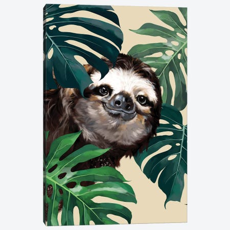 Sneaky Sloth With Monstera Canvas Print #BNW113} by Big Nose Work Canvas Print