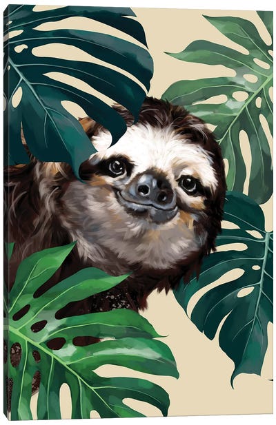 Sneaky Sloth With Monstera Canvas Art Print - Big Nose Work