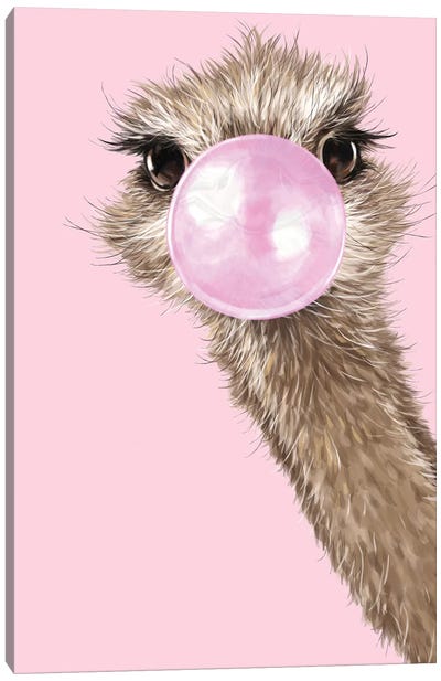Ostrich With Bubble Gum In Pink Canvas Art Print - Playroom Art